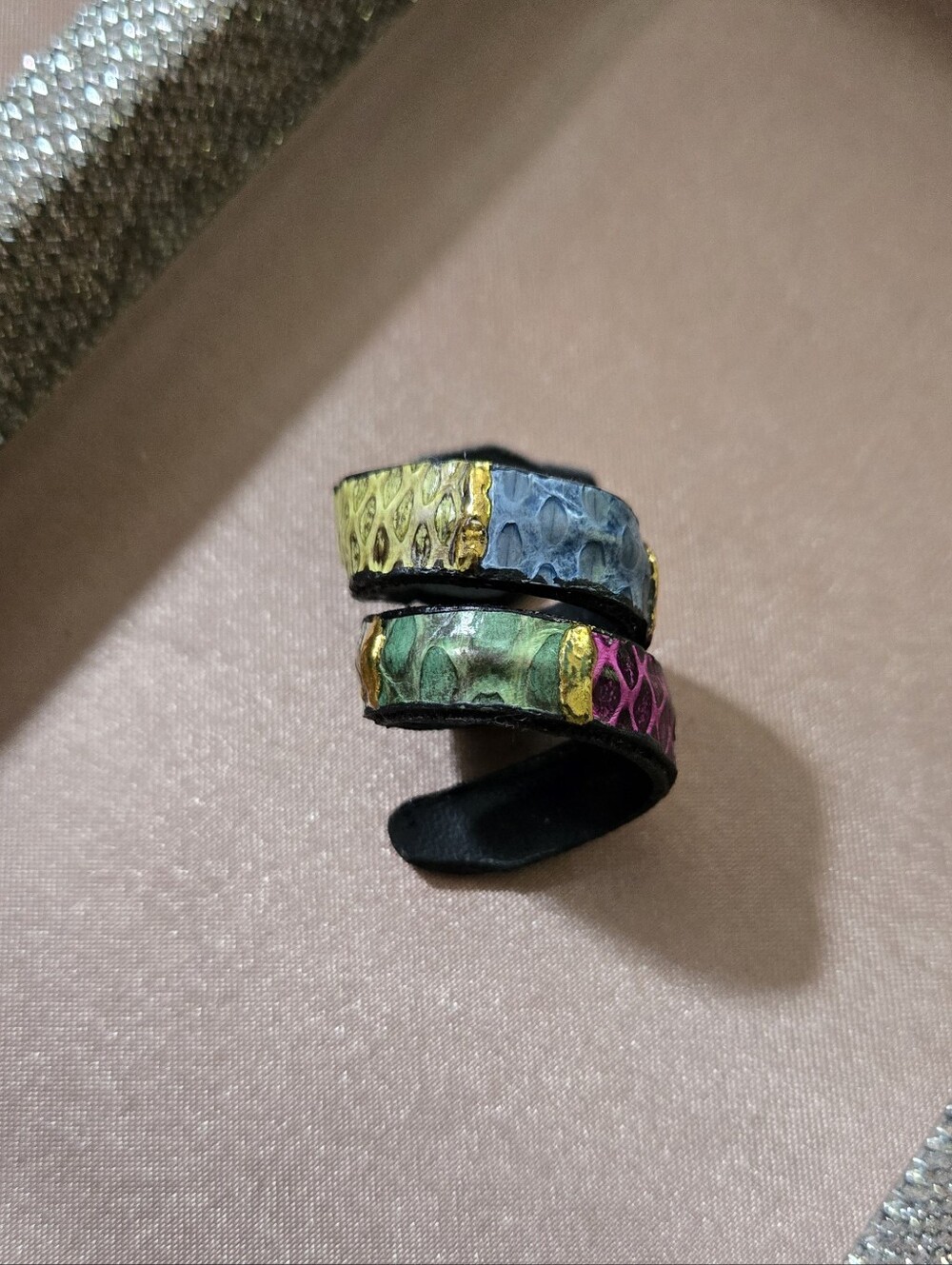 Hand Painted Leather Snake Wrap Ring - Picture 5 of 7